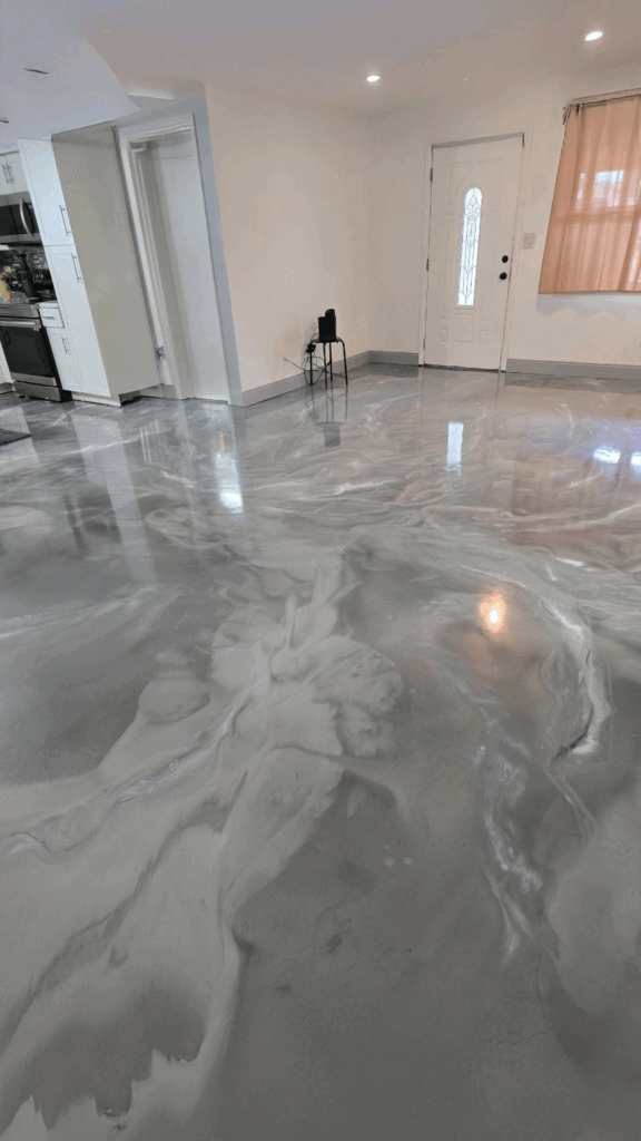 Metallic grey and white cloudy epoxy floor system